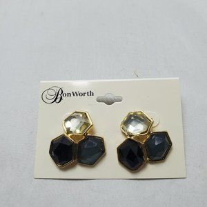 BonWorth pentagon shape gold tone black and clear gem stone pierced earring
